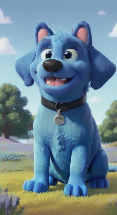  {A happy, big blue dog wagging its tail in a colorful meadow, The big blue dog is large with sky blue fur, big round eyes, a black nose, and floppy ears.