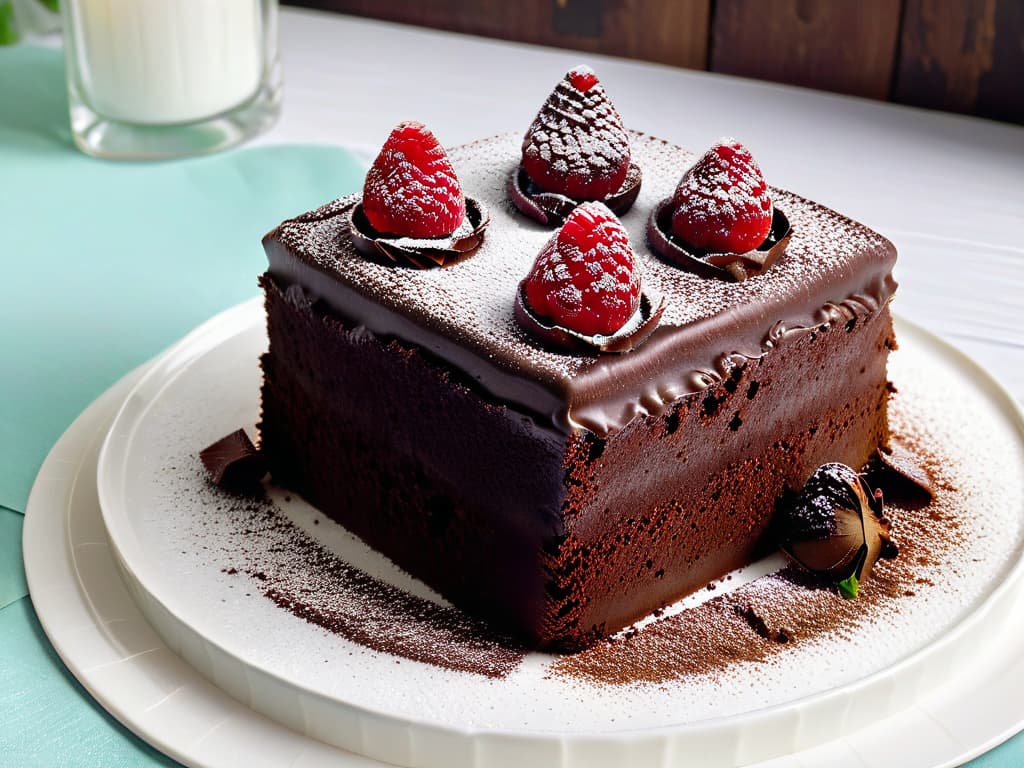  A highresolution closeup image of a decadent, rich dark chocolate cake slice topped with a dusting of cocoa powder, placed on a sleek, modern white plate. The cake is adorned with fresh raspberries and mint leaves, with a dollop of whipped cream on the side. The lighting is soft, emphasizing the glossy texture of the cake and the vibrant colors of the toppings. This image captures the essence of indulgent yet healthy baking with pure cacao, appealing to the senses and evoking a sense of sophisticated culinary delight. hyperrealistic, full body, detailed clothing, highly detailed, cinematic lighting, stunningly beautiful, intricate, sharp focus, f/1. 8, 85mm, (centered image composition), (professionally color graded), ((bright soft diffused light)), volumetric fog, trending on instagram, trending on tumblr, HDR 4K, 8K