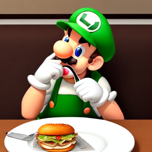  Luigi eating a chicken sandwich by himself