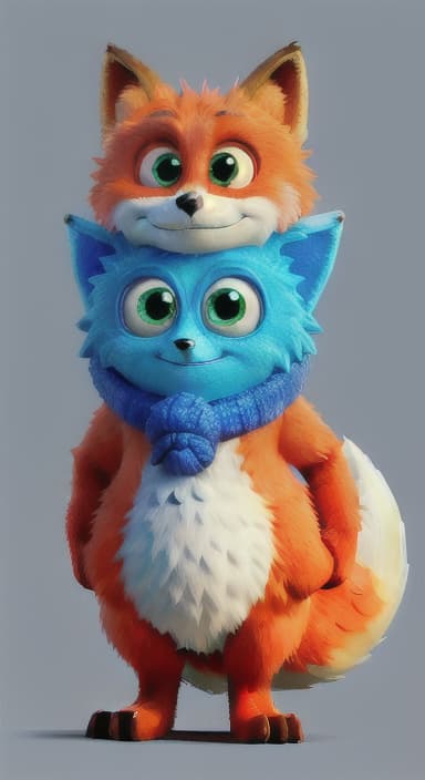  {Error the fox pressing the blue button with his paw, looking puzzled as nothing occurs., Error is a small, bright orange fox with a fluffy tail and big, inquisitive eyes. He has a mischievous yet kind expression and wears a tiny green scarf.