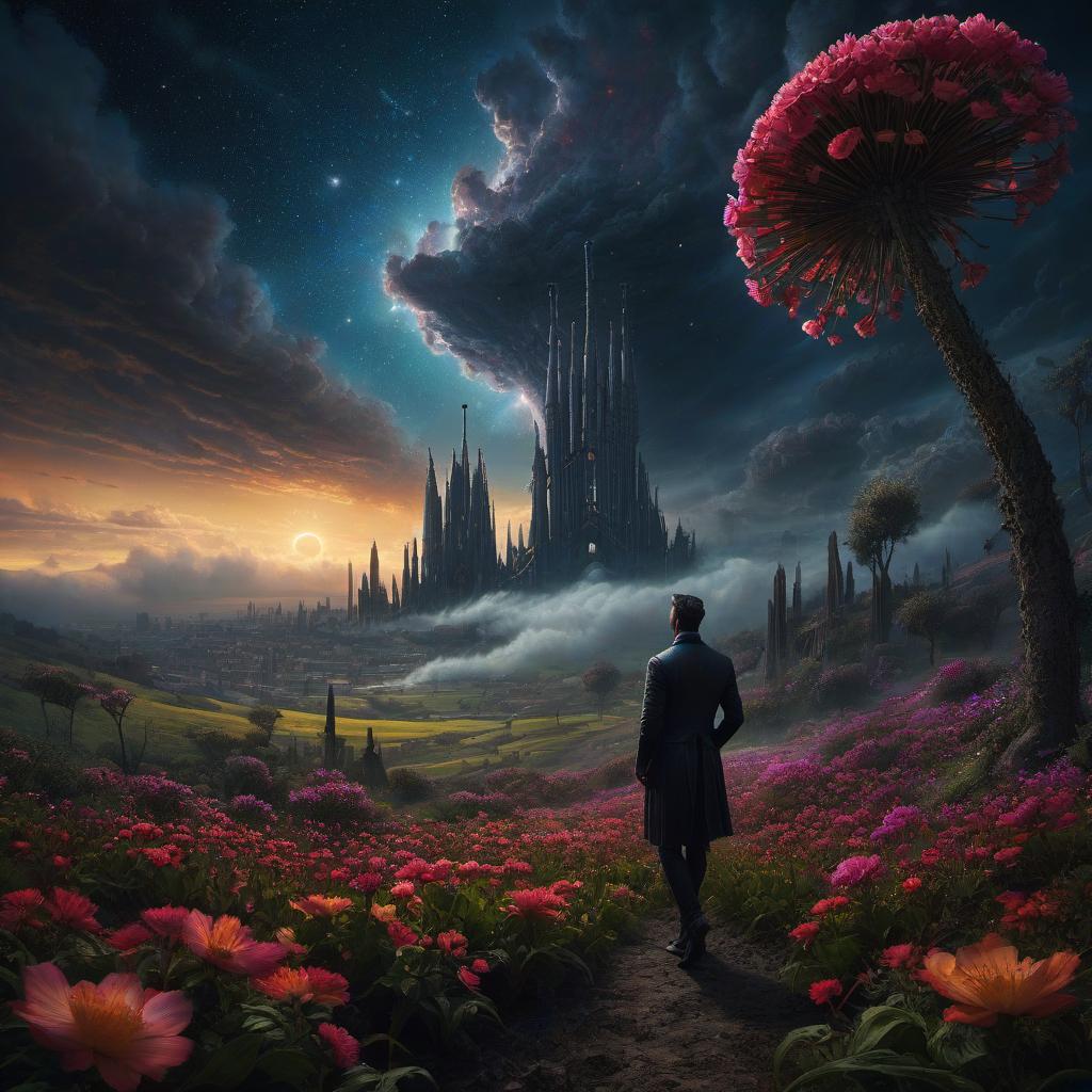  (stylized by Tomasz Alen Kopera:1.3) , dark art, dense flower field and Perseid meteor in background, landscape of a (Barcelona:1.2) , very Bizarre and 1600'S, Hurricane, Glitchcore, Amaro, layered textures, ornate, intricate artistic color, complimentary colors, very inspirational, atmosphere, fine artistic composition, sunny, theatrical hyperrealistic, full body, detailed clothing, highly detailed, cinematic lighting, stunningly beautiful, intricate, sharp focus, f/1. 8, 85mm, (centered image composition), (professionally color graded), ((bright soft diffused light)), volumetric fog, trending on instagram, trending on tumblr, HDR 4K, 8K