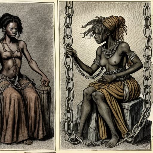  Two African slave woman in shackles and chains in the style of arthur rackham, stable diffusion