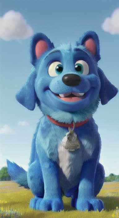  {A happy, big blue dog wagging its tail in a colorful meadow, The big blue dog is large with sky blue fur, big round eyes, a black nose, and floppy ears.