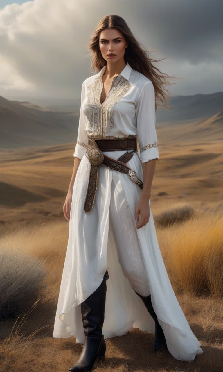  9 век. (photorealistic, oil painting:1.3), A nice . The Appearance Is European. The Viking . Clothing white embroidered shirt, black belt, gray , yellow boots. it stands in the steppe. mesmerizing , long flowing brown hair, (large sensual mouth:1.2), plump lips, sparkling eyes, ( figure:1.2), collaborative style inspired by Enki Bilal and Mark Brooks, noctilucent glow, ethereal aura, detailed brushwork, intricate shadows and highlights, mysterious and captivating expression, unique color palette, masterful use of light and shadow, immersive atmosphere, raw emotion, intense gaze, dynamic composition. hyperrealistic, full body, detailed clothing, highly detailed, cinematic lighting, stunningly beautiful, intricate, sharp focus, f/1. 8, 85mm, (centered image composition), (professionally color graded), ((bright soft diffused light)), volumetric fog, trending on instagram, trending on tumblr, HDR 4K, 8K