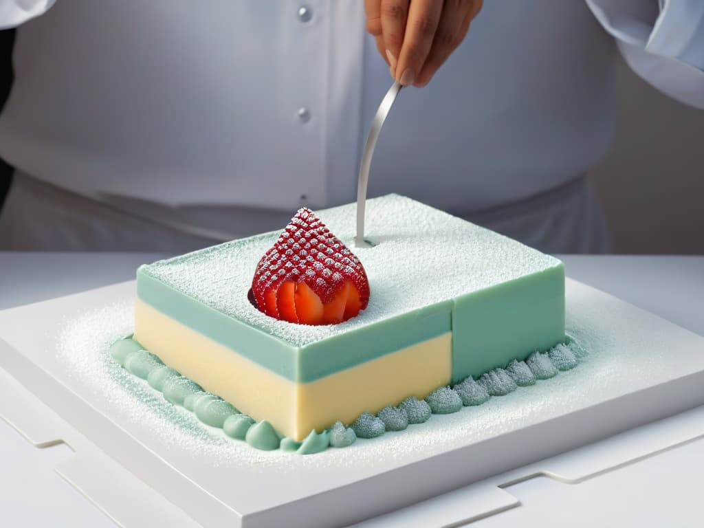  A closeup, ultradetailed image of a delicate sugar molecule structure being carefully piped onto a precisely measured dessert, showcasing the intricate precision required in molecular gastronomy. The image features a sleek, modern color palette with soft lighting emphasizing the meticulous technique of the chef, creating a visually striking and minimalist composition that aligns perfectly with the theme of the article. hyperrealistic, full body, detailed clothing, highly detailed, cinematic lighting, stunningly beautiful, intricate, sharp focus, f/1. 8, 85mm, (centered image composition), (professionally color graded), ((bright soft diffused light)), volumetric fog, trending on instagram, trending on tumblr, HDR 4K, 8K