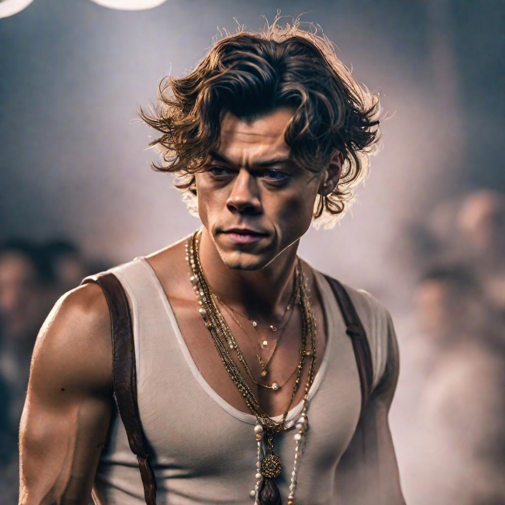  Harry styles with steroids hyperrealistic, full body, detailed clothing, highly detailed, cinematic lighting, stunningly beautiful, intricate, sharp focus, f/1. 8, 85mm, (centered image composition), (professionally color graded), ((bright soft diffused light)), volumetric fog, trending on instagram, trending on tumblr, HDR 4K, 8K