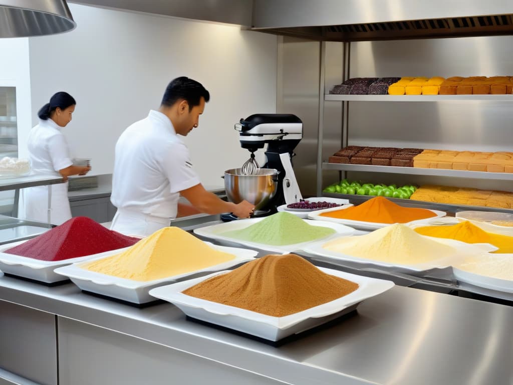  A minimalist image of a pristine, white commercial kitchen with stainless steel countertops and shelves neatly organized with colorful baking ingredients like flour, sugar, and fresh fruits. The focus is on a sleek, modern mixer blending a vibrant batter, with a chef's hand elegantly pouring vanilla essence into the bowl. The lighting is soft and natural, casting gentle shadows on the spotless surfaces, creating a serene and professional atmosphere ideal for creating delectable, safe treats. hyperrealistic, full body, detailed clothing, highly detailed, cinematic lighting, stunningly beautiful, intricate, sharp focus, f/1. 8, 85mm, (centered image composition), (professionally color graded), ((bright soft diffused light)), volumetric fog, trending on instagram, trending on tumblr, HDR 4K, 8K