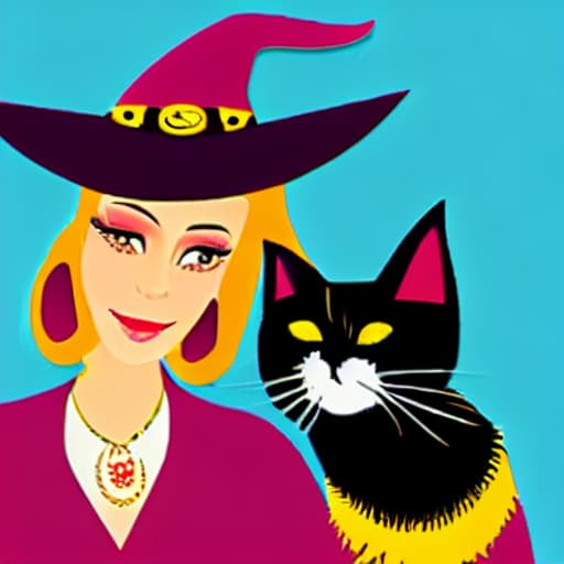  A friendly witch in a pointy hat with a black cat.