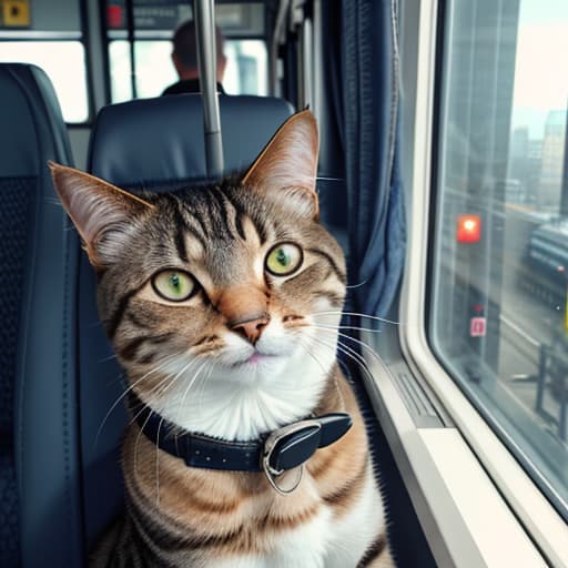  Realistic image of a cat wearing headphones and reading glasses while riding a bus. hyperrealistic, full body, detailed clothing, highly detailed, cinematic lighting, stunningly beautiful, intricate, sharp focus, f/1. 8, 85mm, (centered image composition), (professionally color graded), ((bright soft diffused light)), volumetric fog, trending on instagram, trending on tumblr, HDR 4K, 8K