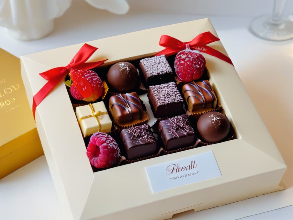  A photorealistic image of a beautifully arranged gift box filled with an assortment of luxurious chocolates elegantly wrapped in shimmering gold foil, tied with satin ribbons in rich jewel tones, and adorned with delicate edible gold leaf flakes. The background is softly blurred to highlight the exquisite details of the chocolates, showcasing a variety of shapes and flavors like dark chocolate truffles dusted with cocoa powder, milk chocolate squares sprinkled with sea salt, and white chocolate bonbons drizzled with raspberry coulis. The lighting is warm and inviting, casting a soft glow on the delectable treats, creating a sense of anticipation and indulgence perfect for gifting. hyperrealistic, full body, detailed clothing, highly detailed, cinematic lighting, stunningly beautiful, intricate, sharp focus, f/1. 8, 85mm, (centered image composition), (professionally color graded), ((bright soft diffused light)), volumetric fog, trending on instagram, trending on tumblr, HDR 4K, 8K