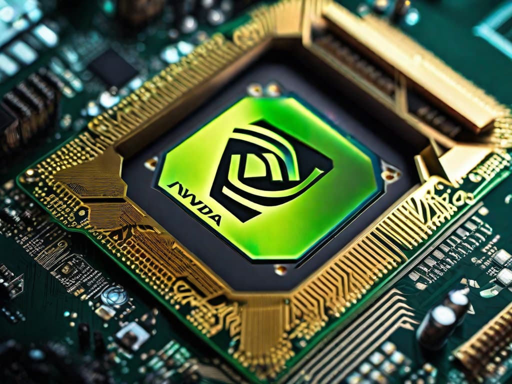  A close-up photo of a high-tech computer chip, with intricate circuitry and components, symbolizing the advanced technology and artificial intelligence capabilities of Nvidia. The image showcases the cutting-edge innovation and potential for growth in the AI sector. digital art, ilustration, no flares, clean hyperrealistic, full body, detailed clothing, highly detailed, cinematic lighting, stunningly beautiful, intricate, sharp focus, f/1. 8, 85mm, (centered image composition), (professionally color graded), ((bright soft diffused light)), volumetric fog, trending on instagram, trending on tumblr, HDR 4K, 8K