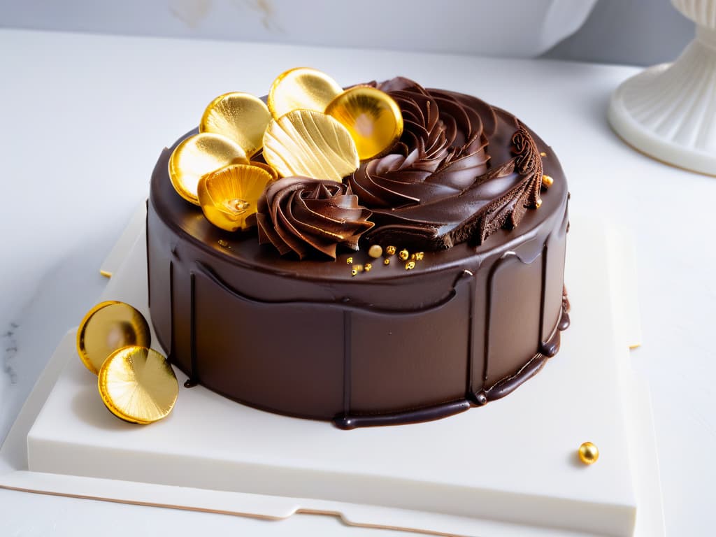  An ultradetailed closeup image of a decadent chocolate cake with intricate icing swirls and delicate edible gold leaf accents, displayed on a sleek white marble platter, against a softfocus background to enhance the minimalistic aesthetic. hyperrealistic, full body, detailed clothing, highly detailed, cinematic lighting, stunningly beautiful, intricate, sharp focus, f/1. 8, 85mm, (centered image composition), (professionally color graded), ((bright soft diffused light)), volumetric fog, trending on instagram, trending on tumblr, HDR 4K, 8K