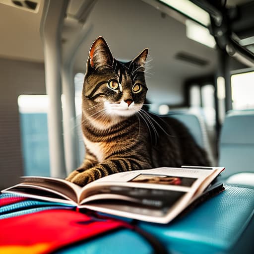 nvinkpunk Realistic image of a cat wearing headphones and reading glasses while riding a bus. hyperrealistic, full body, detailed clothing, highly detailed, cinematic lighting, stunningly beautiful, intricate, sharp focus, f/1. 8, 85mm, (centered image composition), (professionally color graded), ((bright soft diffused light)), volumetric fog, trending on instagram, trending on tumblr, HDR 4K, 8K