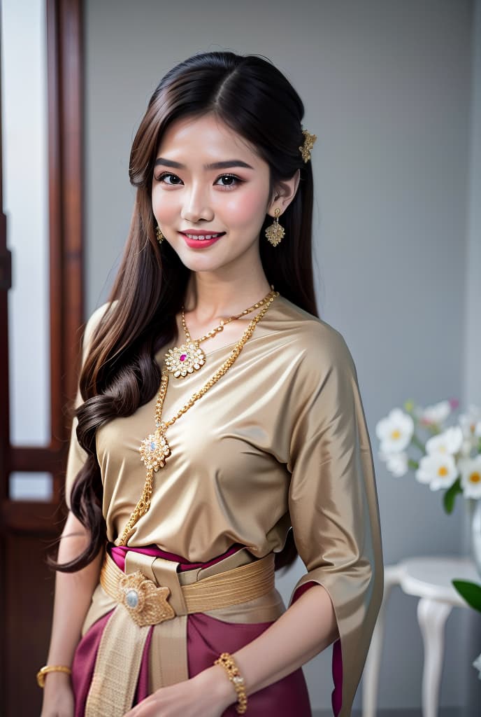  A girl ,smile,long hair, sabai,jewelry,thailand tradition dress ADVERTISING PHOTO,high quality, good proportion, masterpiece , The image is captured with an 8k camera