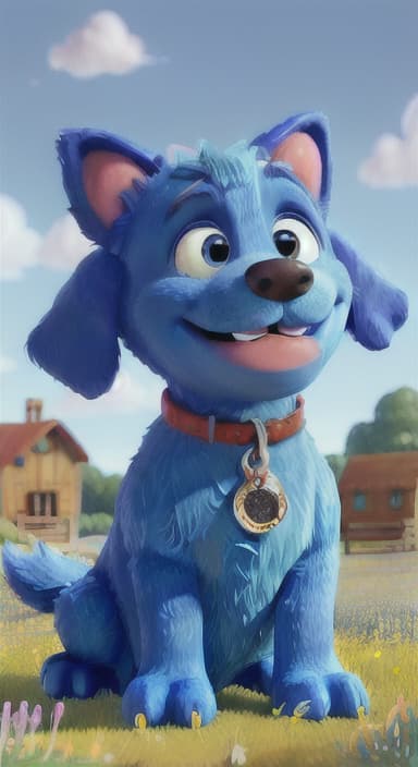  {A happy, big blue dog wagging its tail in a colorful meadow, The big blue dog is large with sky blue fur, big round eyes, a black nose, and floppy ears.