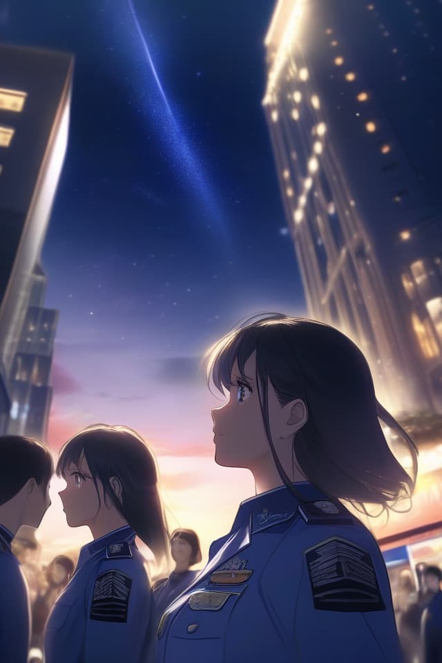  The night sky, sunset are also visible, in the city, there are multiple women in uniforms, looking up at the night sky