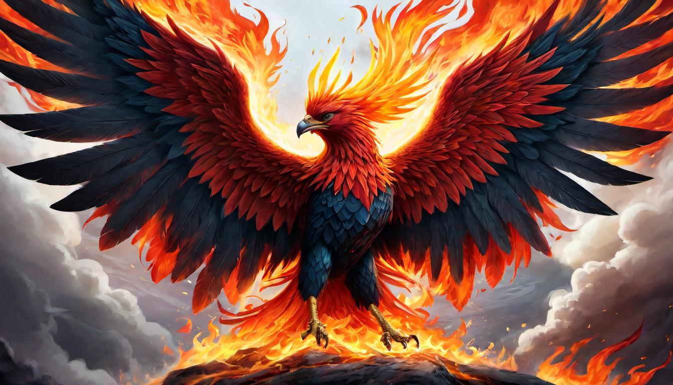  digital illustration, A phoenix rising from flames in a moment of transformation, symbolizing the transmutation of fears into love and obstacles into stepping stones, rebirth, empowerment, looking at viewer, dynamic pose, (intricate details, masterpiece, best quality)