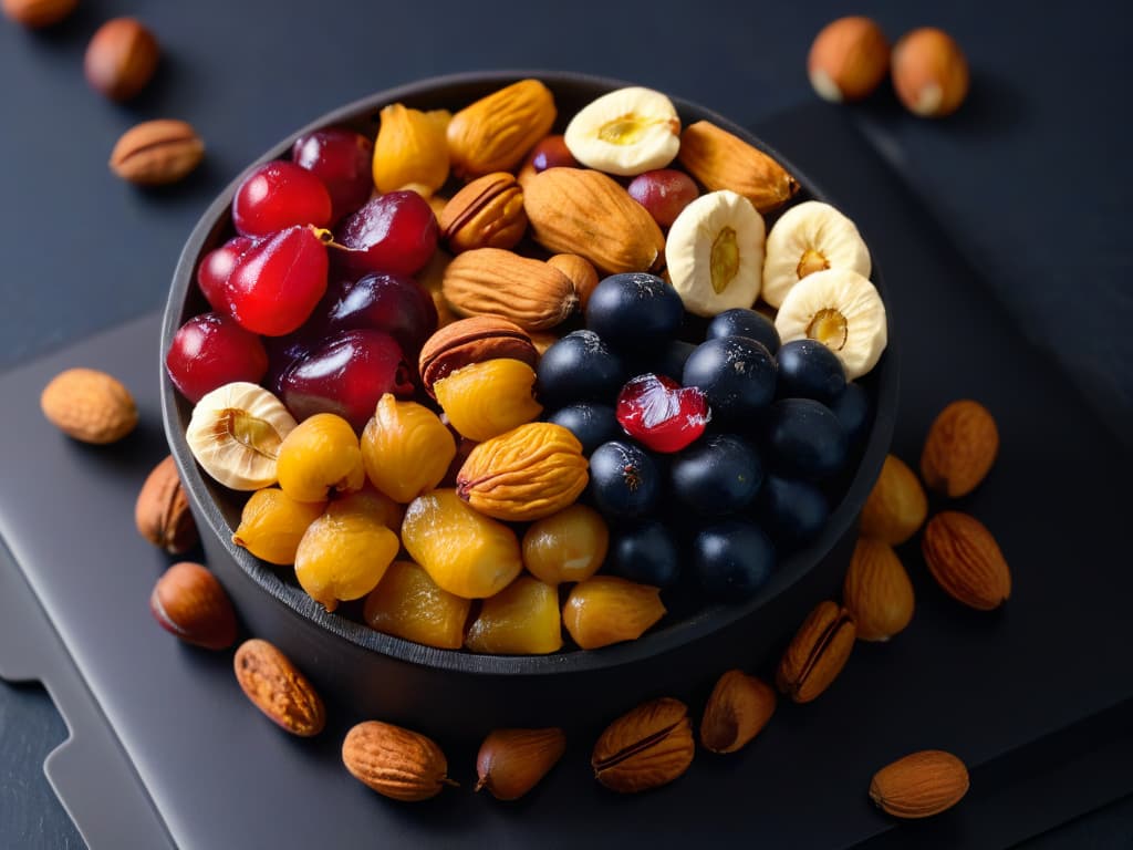  An ultradetailed closeup image of a variety of luxurious nuts and dried fruits meticulously arranged on a sleek, matte black surface. The selection includes plump golden raisins, rich crimson cranberries, buttery cashews, crunchy almonds, and velvety hazelnuts, showcasing their diverse textures and colors under soft, natural lighting. Each piece glistens as if freshly picked, inviting the viewer to savor the sumptuous flavors and elegant simplicity of premium ingredients for exquisite pastry creations. hyperrealistic, full body, detailed clothing, highly detailed, cinematic lighting, stunningly beautiful, intricate, sharp focus, f/1. 8, 85mm, (centered image composition), (professionally color graded), ((bright soft diffused light)), volumetric fog, trending on instagram, trending on tumblr, HDR 4K, 8K