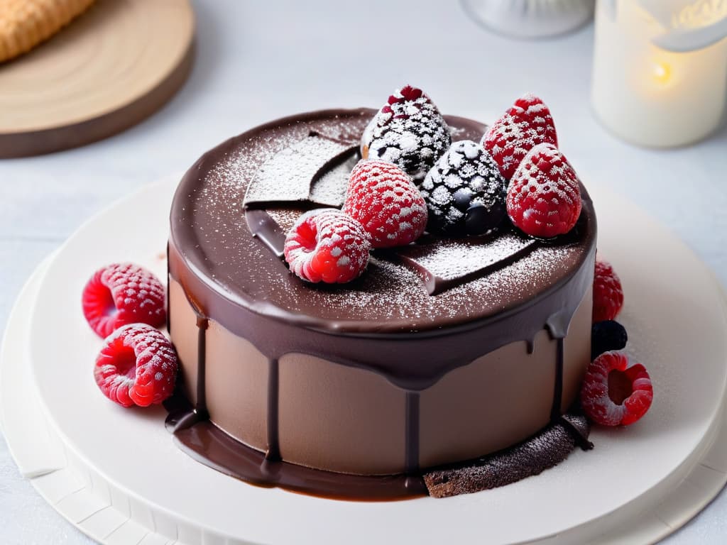  An ultradetailed image of a semicircleshaped Semifrío de Chocolate y Frambuesa dessert, showcasing alternating layers of rich dark chocolate mousse and vibrant raspberry puree, topped with glossy chocolate ganache drips and fresh raspberries. The dessert is elegantly presented on a sleek, modern white plate with a dusting of cocoa powder, set against a minimalist backdrop to emphasize the luxurious textures and contrasting colors of the dessert components. hyperrealistic, full body, detailed clothing, highly detailed, cinematic lighting, stunningly beautiful, intricate, sharp focus, f/1. 8, 85mm, (centered image composition), (professionally color graded), ((bright soft diffused light)), volumetric fog, trending on instagram, trending on tumblr, HDR 4K, 8K