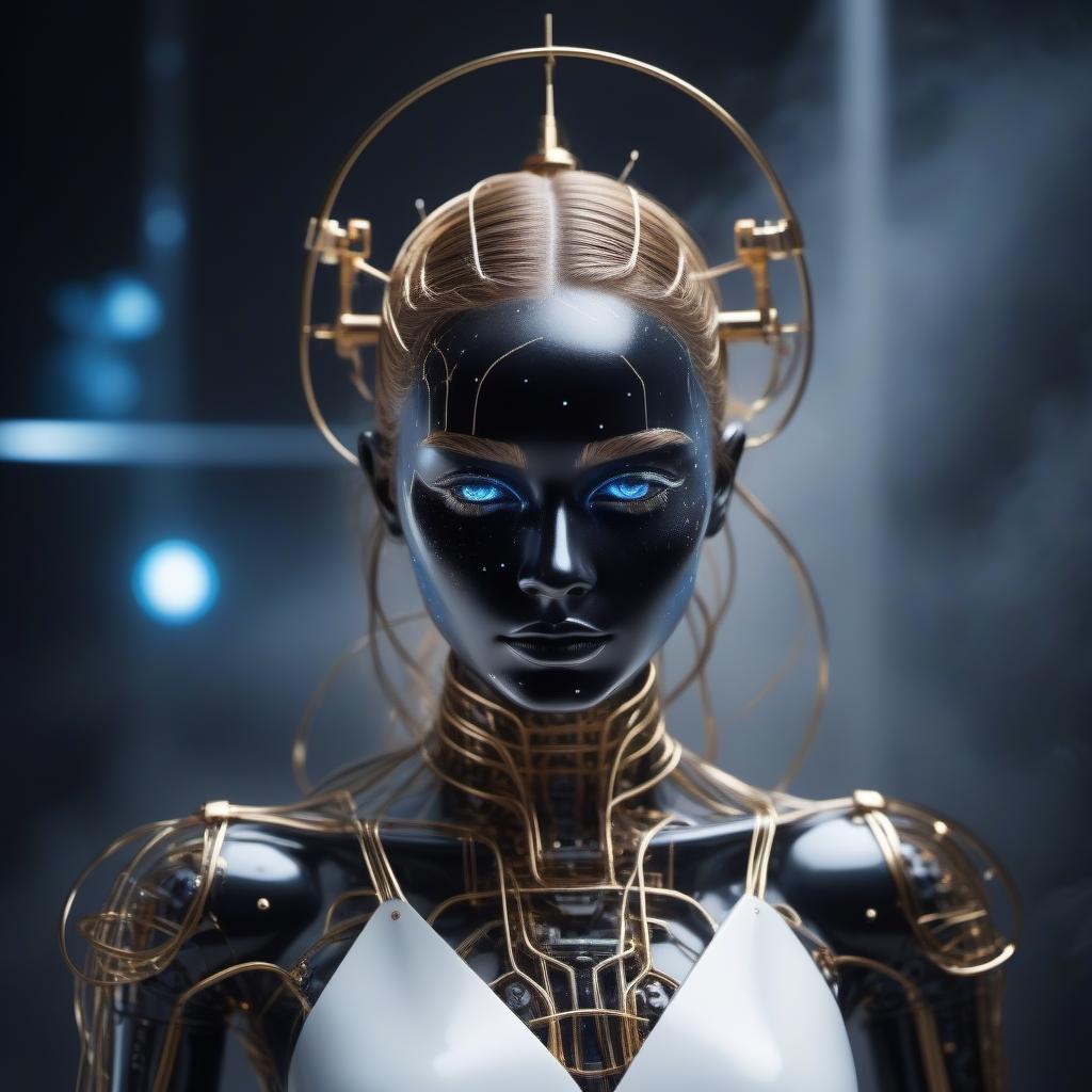  The girl robot of the future, the luminous wires in the move from the head hang, sticking out, dances, splashes of white black gold blue explodes, glows.Style art