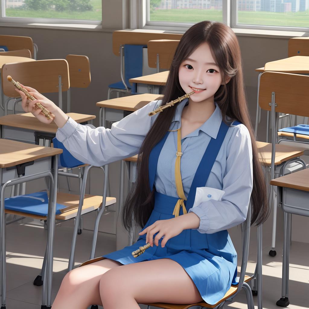  masterpiece, best quality, a girl,student,light smile,long hair,play straight flute,in summer,sky,classroom,rim light,available light