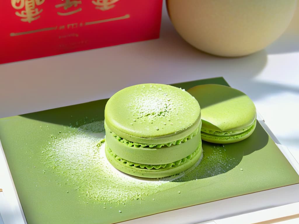  An ultradetailed closeup image of a delicate matcha green tea macaron, showcasing its perfectly smooth surface, vibrant green color, and light dusting of powdered sugar. The intricate details of the macaron's texture and the subtle shadows it casts create a visually striking and appetizing composition that embodies the elegance and precision of Asian pastry craftsmanship. hyperrealistic, full body, detailed clothing, highly detailed, cinematic lighting, stunningly beautiful, intricate, sharp focus, f/1. 8, 85mm, (centered image composition), (professionally color graded), ((bright soft diffused light)), volumetric fog, trending on instagram, trending on tumblr, HDR 4K, 8K