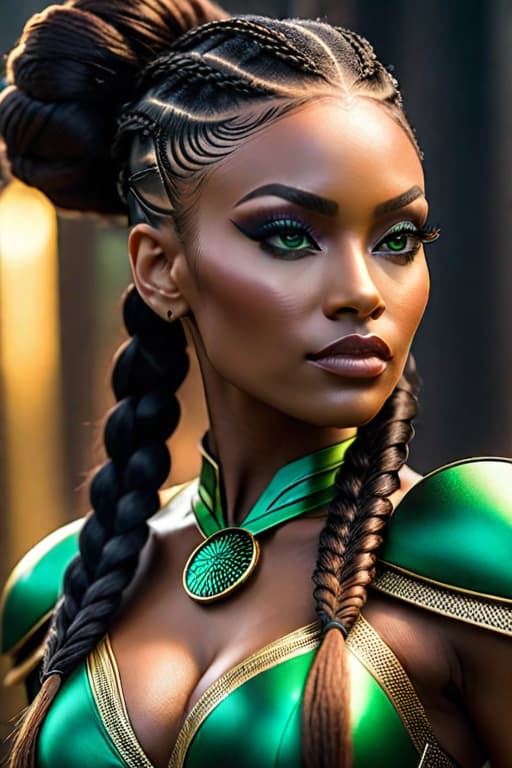  Black Women congolese Queen super hero stood high, behind her, looking straight, braids , green eyes darling skin hyperrealistic, full body, detailed clothing, highly detailed, cinematic lighting, stunningly beautiful, intricate, sharp focus, f/1. 8, 85mm, (centered image composition), (professionally color graded), ((bright soft diffused light)), volumetric fog, trending on instagram, trending on tumblr, HDR 4K, 8K