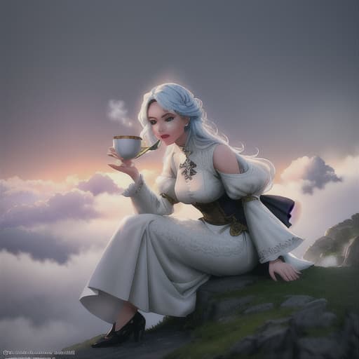  drinking tea above the clouds hyperrealistic, full body, detailed clothing, highly detailed, cinematic lighting, stunningly beautiful, intricate, sharp focus, f/1. 8, 85mm, (centered image composition), (professionally color graded), ((bright soft diffused light)), volumetric fog, trending on instagram, trending on tumblr, HDR 4K, 8K