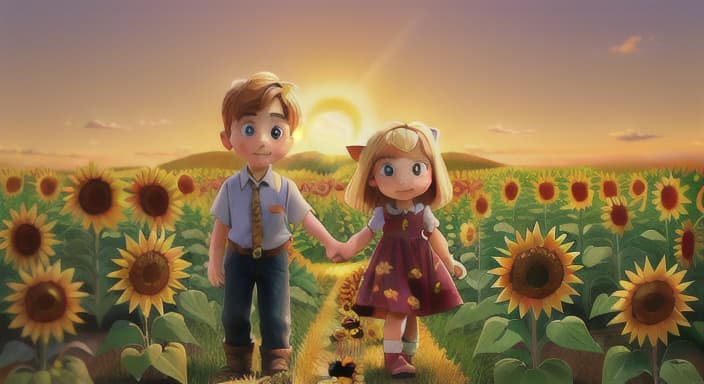  {Grace and Eli playing in a field of sunflowers as the sun sets., Eli had big ears and a heart as gentle as his steps.