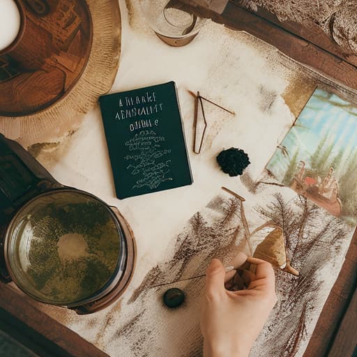 analog style in the alchemist's room. There is a spell book on the table. There are alchemical ingredients on the table. There is a forest outside the window. magical signs are circling over the book