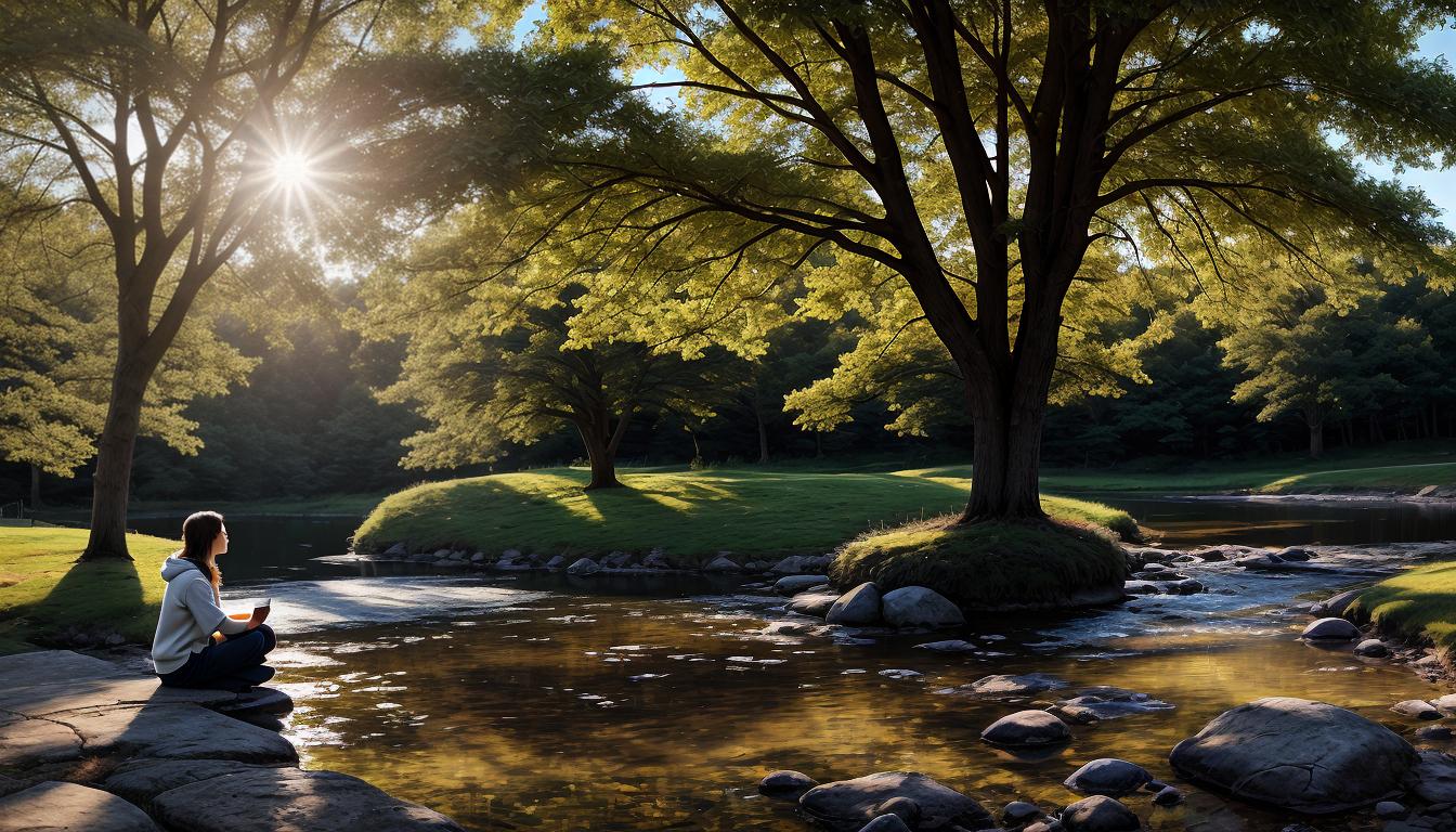  digital illustration, A figure sitting in a tranquil setting, hands clasped in a thoughtful pose, warm colors, peaceful surroundings, gentle sunlight filtering through trees, sign of self care, serene, looking at viewer, dynamic pose, (intricate details, masterpiece, best quality)