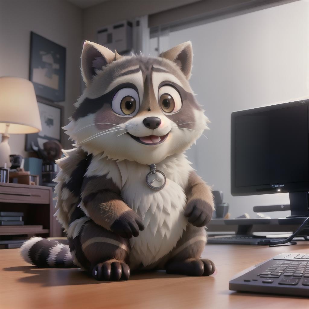  raccoon sitting in gaming chair front a computer on desktop, ((semi anthropomorphic)),(full body), tail, belly, sitting, fat, (chubby), (((white background))), solo, desktop, gaming chair, side view,  [[[clothes]]] hyperrealistic, full body, detailed clothing, highly detailed, cinematic lighting, stunningly beautiful, intricate, sharp focus, f/1. 8, 85mm, (centered image composition), (professionally color graded), ((bright soft diffused light)), volumetric fog, trending on instagram, trending on tumblr, HDR 4K, 8K