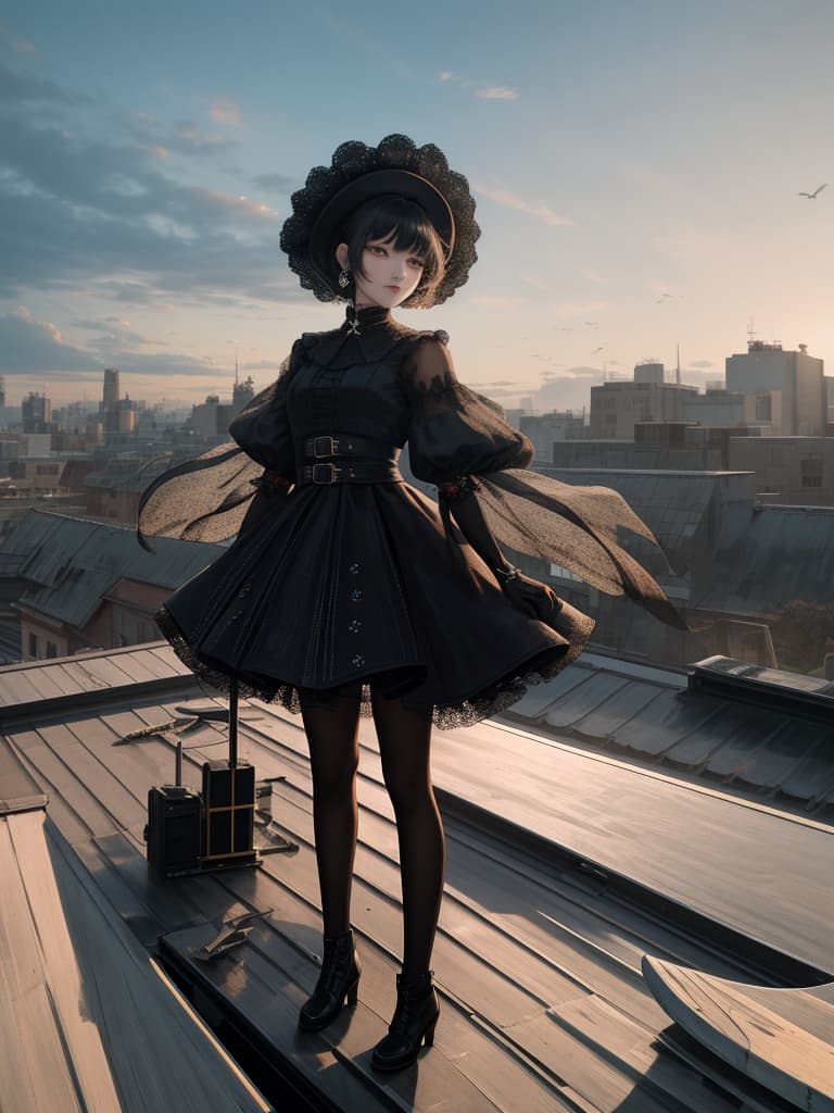  Standing on the roof, black food, girl, masterpiece, best quality,8k,ultra detailed,high resolution,an extremely delicate and beautiful,hyper detail