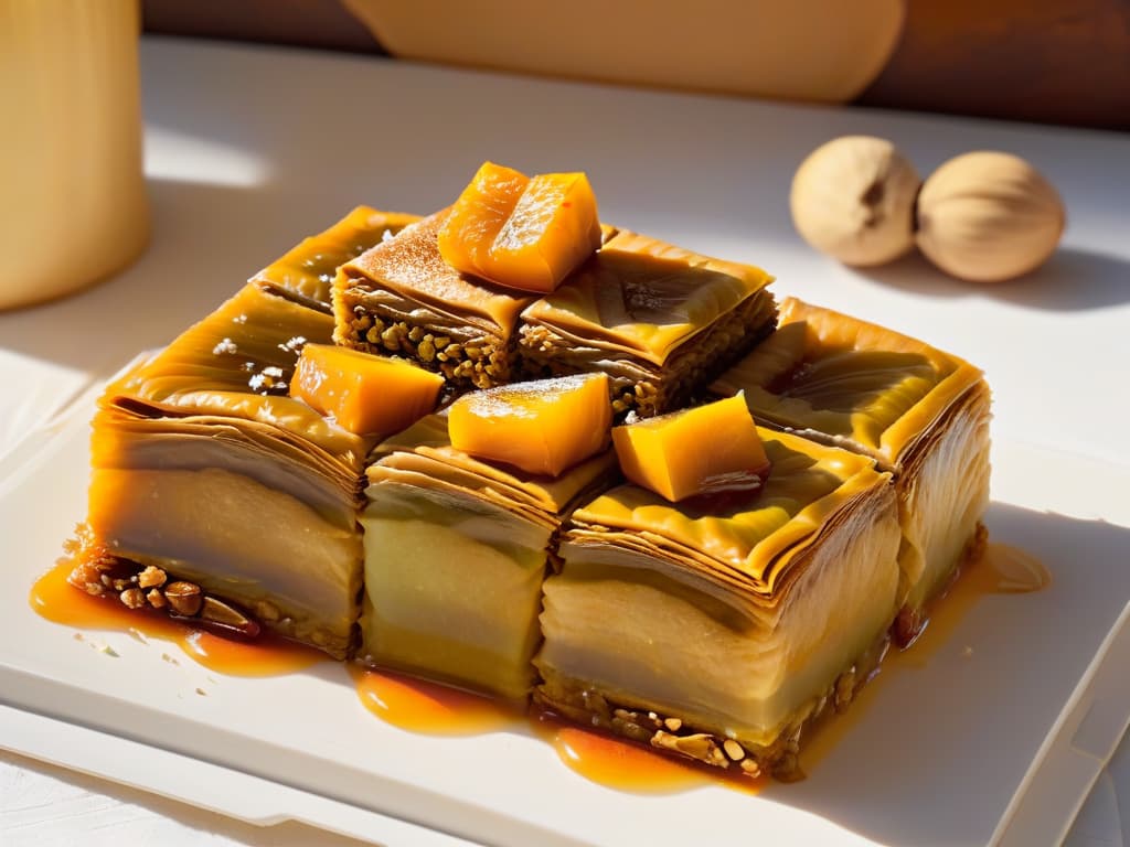  An ultradetailed closeup of a vibrant and intricately designed plate of Baklava, a traditional African dessert, showcasing the layers of flaky pastry, nuts, and honey syrup glistening under soft lighting, emphasizing the textures and colors of the dessert. hyperrealistic, full body, detailed clothing, highly detailed, cinematic lighting, stunningly beautiful, intricate, sharp focus, f/1. 8, 85mm, (centered image composition), (professionally color graded), ((bright soft diffused light)), volumetric fog, trending on instagram, trending on tumblr, HDR 4K, 8K