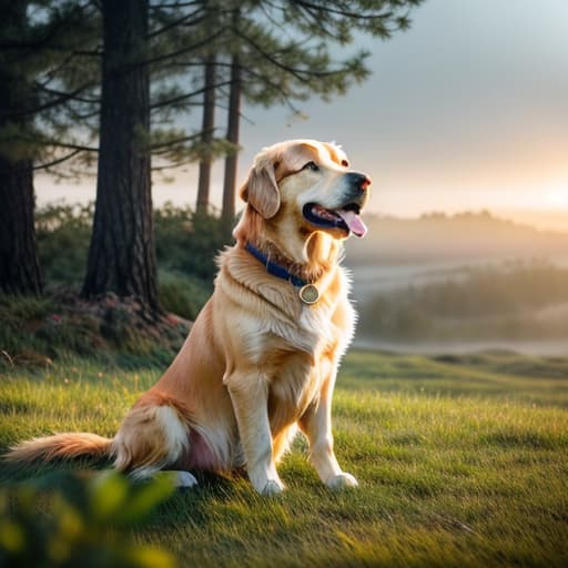  golden retriever hyperrealistic, full body, detailed clothing, highly detailed, cinematic lighting, stunningly beautiful, intricate, sharp focus, f/1. 8, 85mm, (centered image composition), (professionally color graded), ((bright soft diffused light)), volumetric fog, trending on instagram, trending on tumblr, HDR 4K, 8K