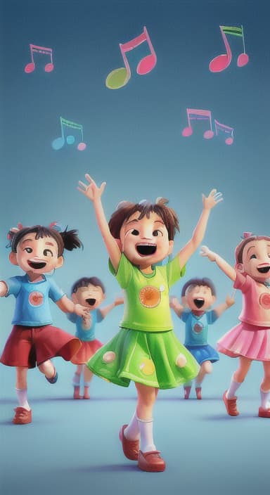  {Children singing and dancing with wide smiles and musical notes floating around them., Kids joyfully dancing and singing, showing their energy and happiness.