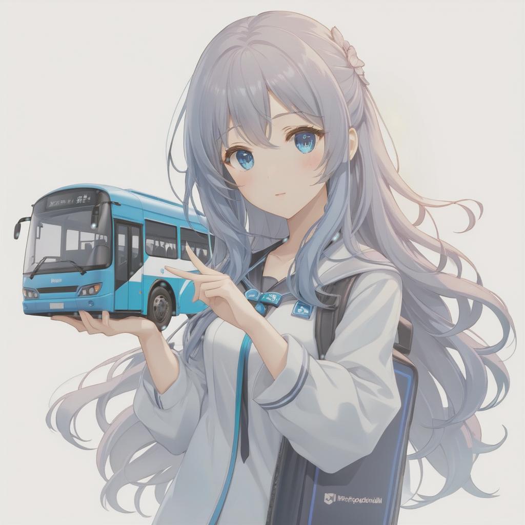  A girl is holding a blue bus in her hand, the program using a neural network counts the passengers in the bus with an anime girl mascot. Her beautiful hair, beautiful face, masterpiece, logo. hyperrealistic, full body, detailed clothing, highly detailed, cinematic lighting, stunningly beautiful, intricate, sharp focus, f/1. 8, 85mm, (centered image composition), (professionally color graded), ((bright soft diffused light)), volumetric fog, trending on instagram, trending on tumblr, HDR 4K, 8K