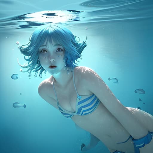  A girl under water with short blue hair no reaciton