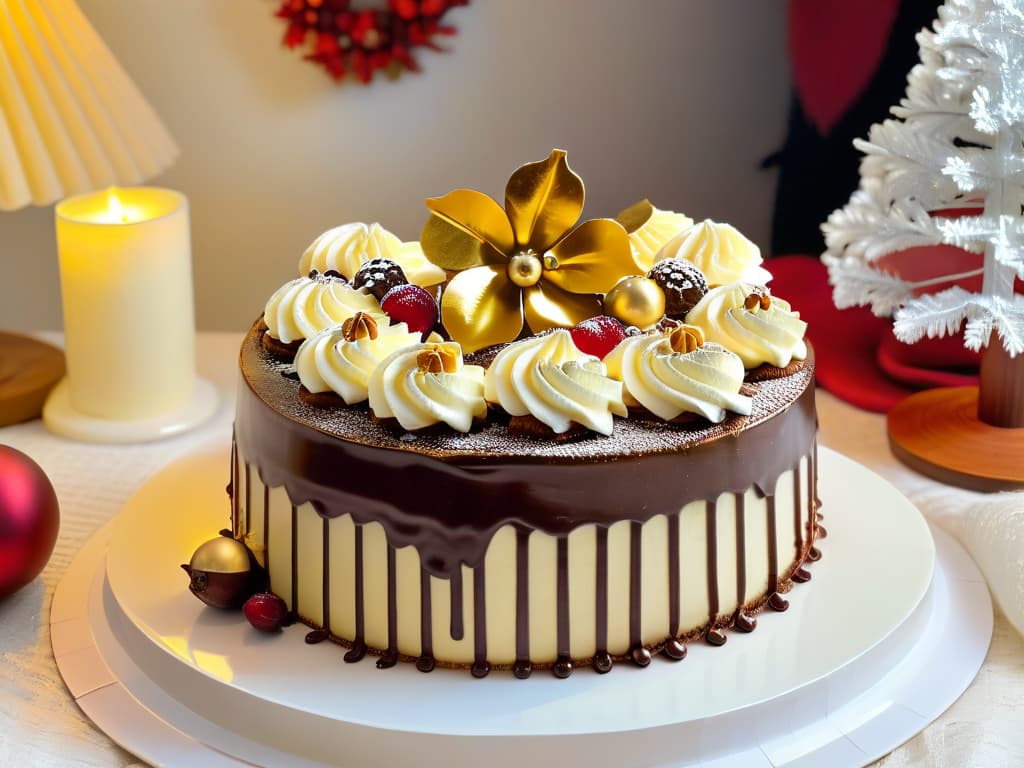  A photorealistic image of a beautifully decorated Christmas dessert table, featuring innovative holiday desserts such as eggnog cheesecake with edible gold leaf garnish, spiced gingerbread trifle with layers of cream and candied cranberries, and a stunning chocolate yule log cake adorned with intricate sugar snowflakes and holly leaves. The table is elegantly set with festive decorations and twinkling lights, creating a warm and inviting holiday atmosphere. hyperrealistic, full body, detailed clothing, highly detailed, cinematic lighting, stunningly beautiful, intricate, sharp focus, f/1. 8, 85mm, (centered image composition), (professionally color graded), ((bright soft diffused light)), volumetric fog, trending on instagram, trending on tumblr, HDR 4K, 8K