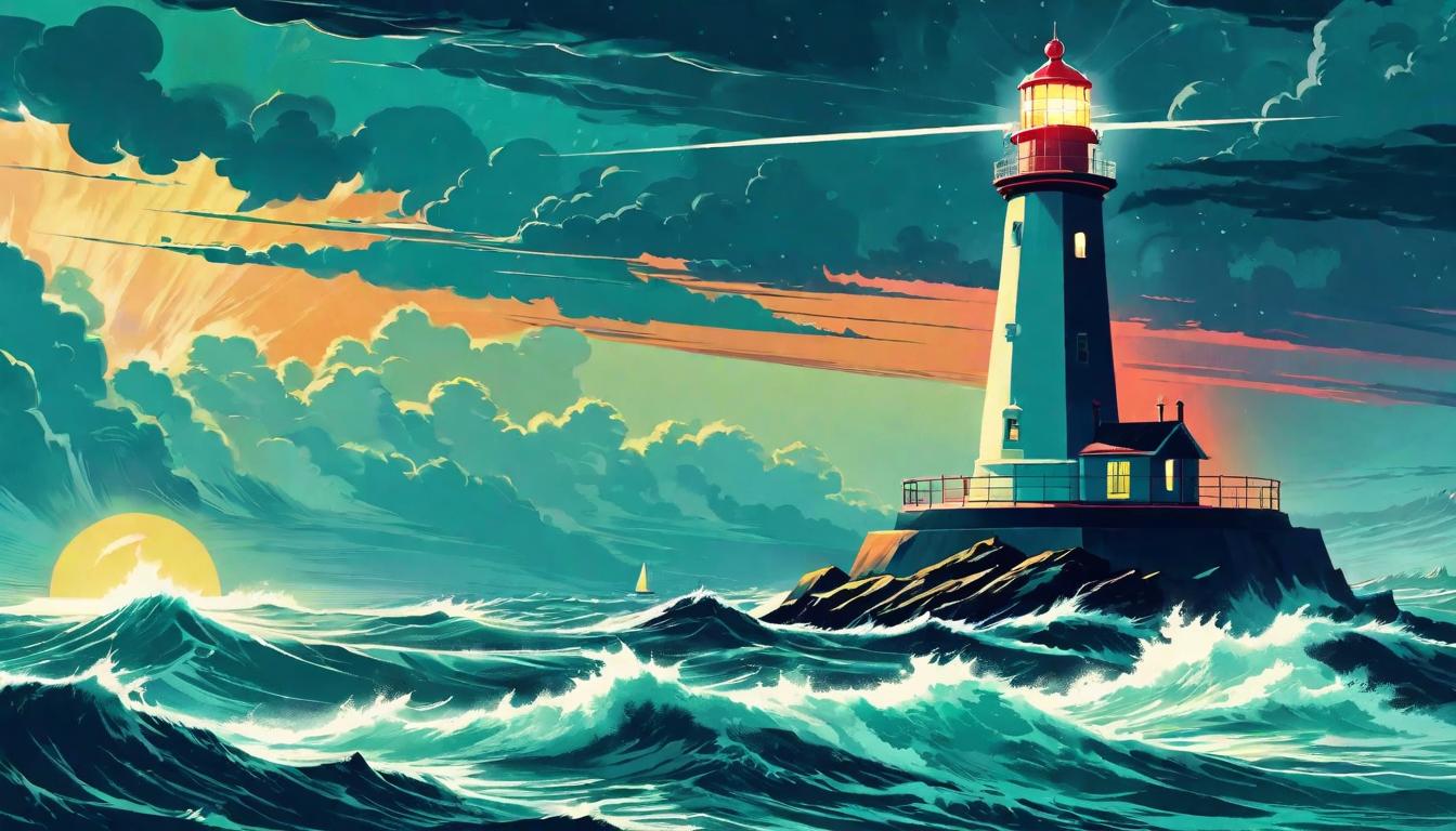  retro futuristic Lighthouse in the distance with a stormy sea between it and a small navigating boat, Illumination in adversity, steadfastness, hope lvintage sci fi, 50s and 60s style, atomic age, vibrant, highly detailed