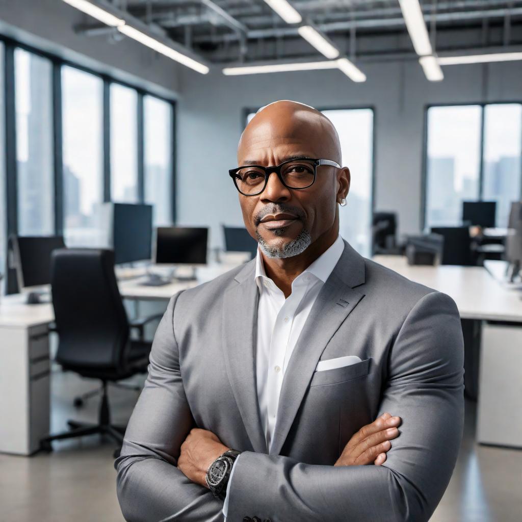  African American tech CEO named Herb Coakley. He is a confident, bald, middle-aged man with an earring, dressed in hip hop style. His outfit is casual but stylish, reflecting a fusion of executive presence and hip hop culture. The background is a modern tech office, showcasing his role as a leader in the industry. hyperrealistic, full body, detailed clothing, highly detailed, cinematic lighting, stunningly beautiful, intricate, sharp focus, f/1. 8, 85mm, (centered image composition), (professionally color graded), ((bright soft diffused light)), volumetric fog, trending on instagram, trending on tumblr, HDR 4K, 8K