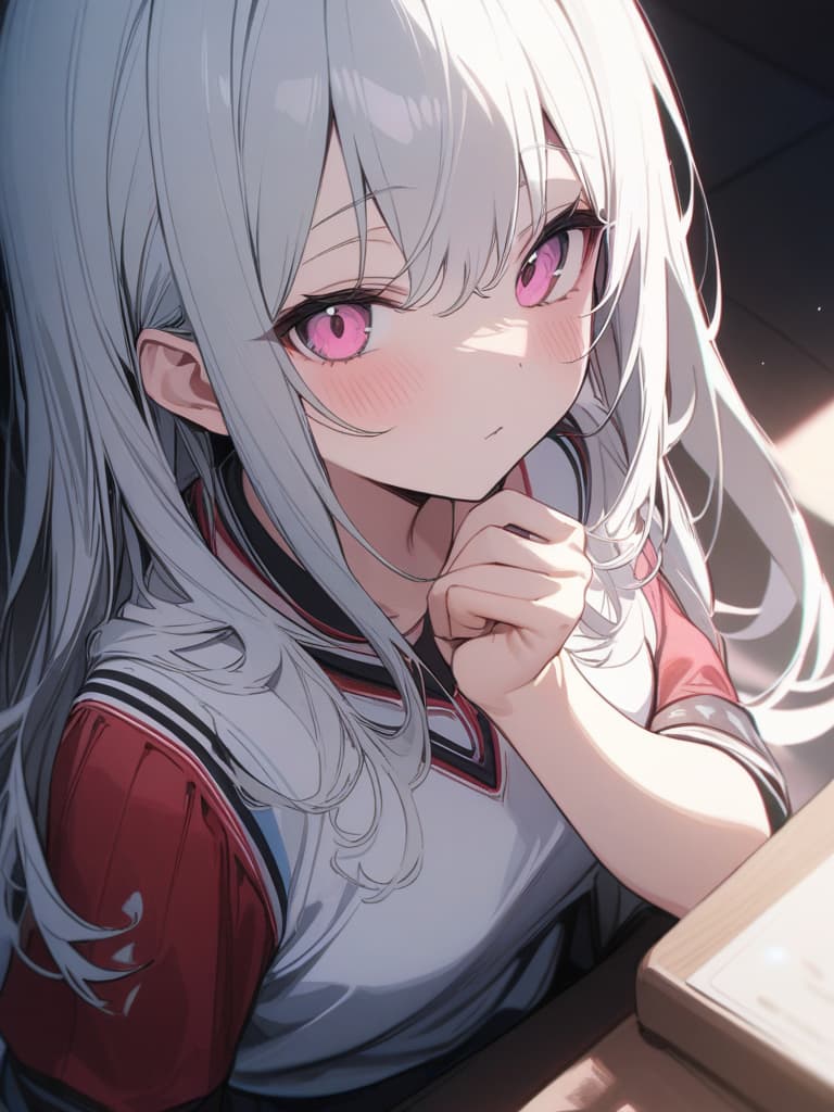  Cute, white hair, pink eyes, subcultures, jerseys, moe sleeves, masterpiece, best quality,8k,ultra detailed,high resolution,an extremely delicate and beautiful,hyper detail