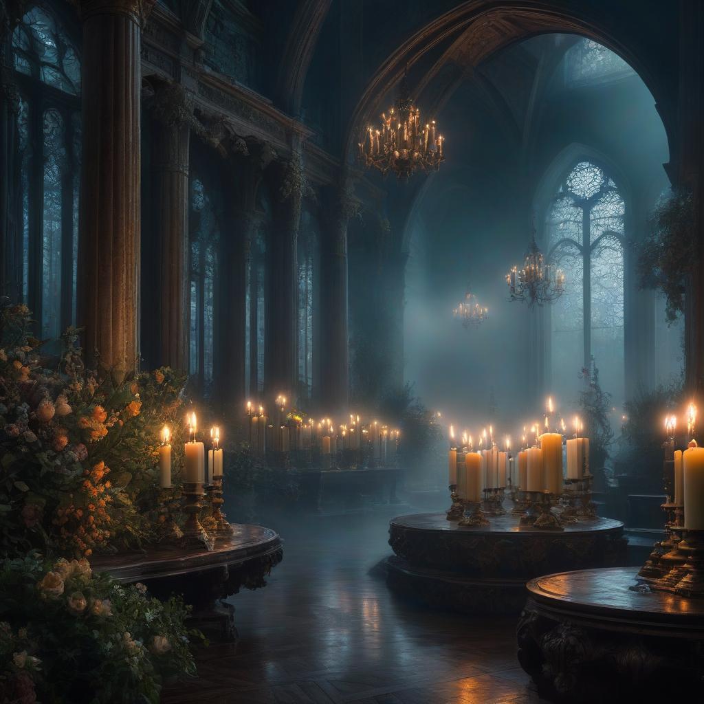  Painting by Agostino Arrivabene Depicting a Peaceful Scene With Lighted Candles and Decorations."ethereal fantasy hyperdetailed mist Thomas Kinkade" hyperrealistic, full body, detailed clothing, highly detailed, cinematic lighting, stunningly beautiful, intricate, sharp focus, f/1. 8, 85mm, (centered image composition), (professionally color graded), ((bright soft diffused light)), volumetric fog, trending on instagram, trending on tumblr, HDR 4K, 8K