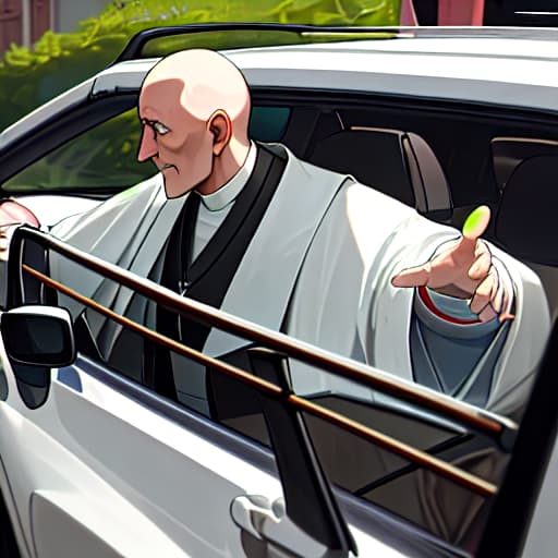  "A benevolent priest, driving a car, committed to good deeds."