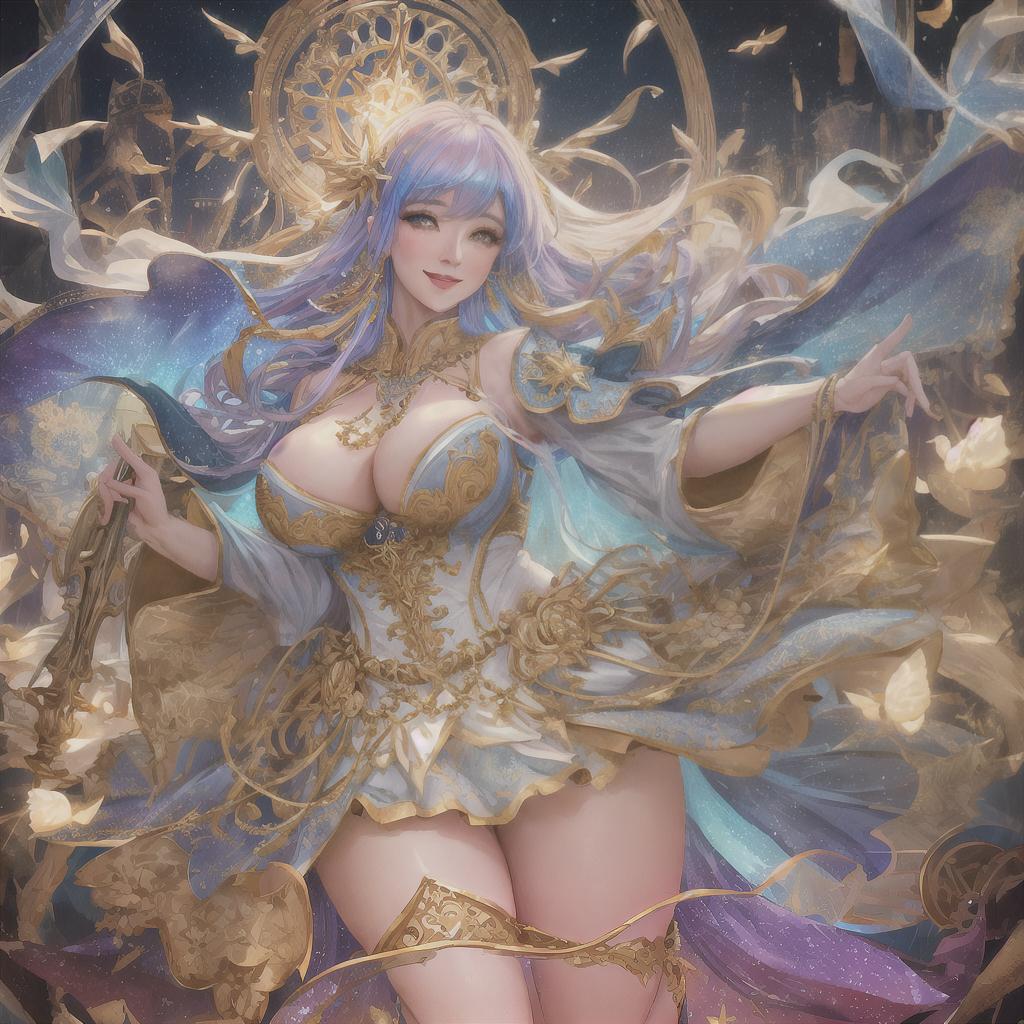  ((())), masterpiece, high quality, 4K, HDR, plump magical woman, age 25 BREAK chubby, , visible s, smiling face, colorful costume, glowing wand at her , magical pose, expression, exaggerated features, detailed background with stars, BREAK symmetry, hyper realistic, highly detailed, highly detailed clothing, beautiful, intricate, (full body), (professionally color graded), (centered image composition), (bright lighting),  hyperrealistic, full body, detailed clothing, highly detailed, cinematic lighting, stunningly beautiful, intricate, sharp focus, f/1. 8, 85mm, (centered image composition), (professionally color graded), ((bright soft diffused light)), volumetric fog, trending on instagram, trending on tumblr, HDR 4K, 8K