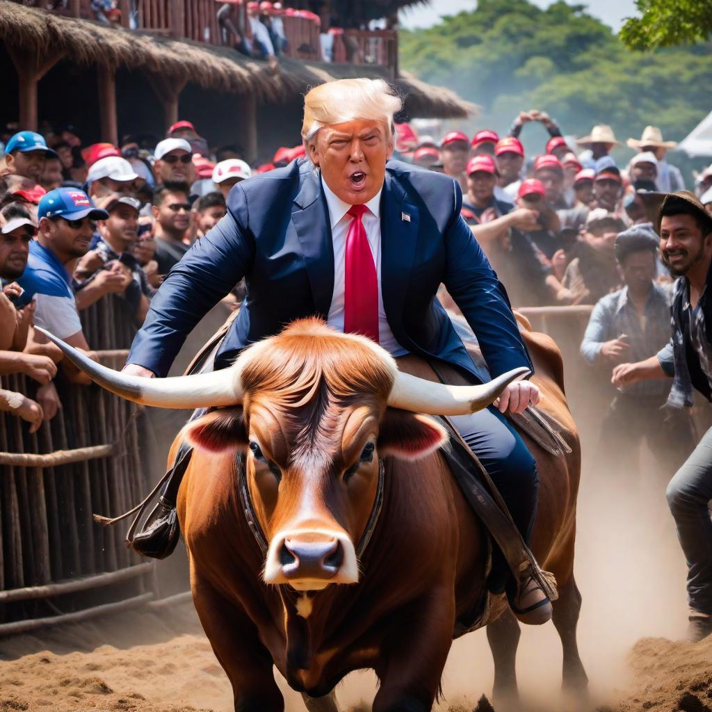  /hiresai Donald trump riding a bull hyperrealistic, full body, detailed clothing, highly detailed, cinematic lighting, stunningly beautiful, intricate, sharp focus, f/1. 8, 85mm, (centered image composition), (professionally color graded), ((bright soft diffused light)), volumetric fog, trending on instagram, trending on tumblr, HDR 4K, 8K