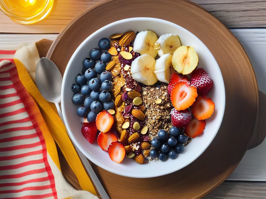  A closeup, ultradetailed image of a colorful açai bowl topped with fresh berries, chia seeds, granola, and coconut flakes, all arranged meticulously in a white ceramic bowl. The vibrant hues and textures of the superfoods are incredibly sharp and vivid, showcasing the health benefits and delicious appeal of incorporating these ingredients into healthy desserts. hyperrealistic, full body, detailed clothing, highly detailed, cinematic lighting, stunningly beautiful, intricate, sharp focus, f/1. 8, 85mm, (centered image composition), (professionally color graded), ((bright soft diffused light)), volumetric fog, trending on instagram, trending on tumblr, HDR 4K, 8K