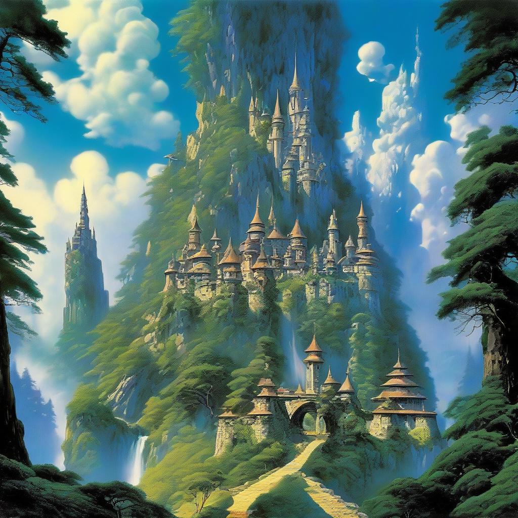  landscape of a Evergreen Forest and Fairy tale castle in the sky, it is Soothing, Clear skies, Fearful, L USM, art by Roy Krenkel, Bruce Pennington and Hajime Sorayama, science fiction, very inspirational, great composition, epic atmosphere, dynamic composition, magical atmosphere hyperrealistic, full body, detailed clothing, highly detailed, cinematic lighting, stunningly beautiful, intricate, sharp focus, f/1. 8, 85mm, (centered image composition), (professionally color graded), ((bright soft diffused light)), volumetric fog, trending on instagram, trending on tumblr, HDR 4K, 8K