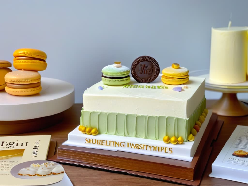  An ultradetailed image of a sleek, modern kitchen counter lined with an array of advanced pastry cookbooks. Each book features intricate dessert designs on their covers, showcasing elegant cakes, delicate pastries, and colorful macarons. The titles are embossed in gold lettering, adding a touch of luxury to the scene. Soft natural light filters in, casting a gentle glow over the books and highlighting their sophisticated designs. hyperrealistic, full body, detailed clothing, highly detailed, cinematic lighting, stunningly beautiful, intricate, sharp focus, f/1. 8, 85mm, (centered image composition), (professionally color graded), ((bright soft diffused light)), volumetric fog, trending on instagram, trending on tumblr, HDR 4K, 8K