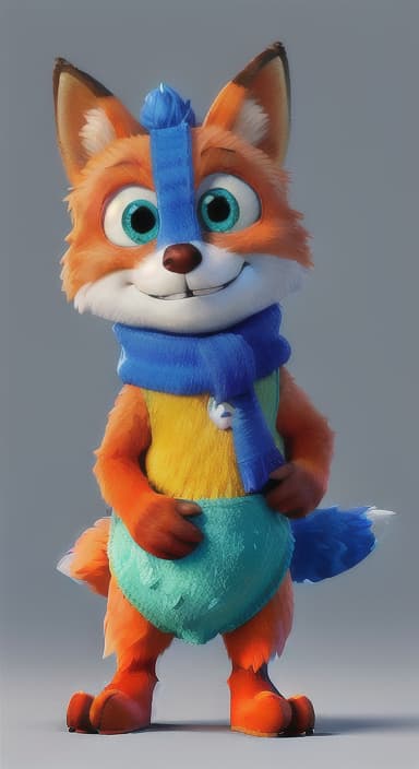  {Error the fox pressing the blue button with his paw, looking puzzled as nothing occurs., Error is a small, bright orange fox with a fluffy tail and big, inquisitive eyes. He has a mischievous yet kind expression and wears a tiny green scarf.